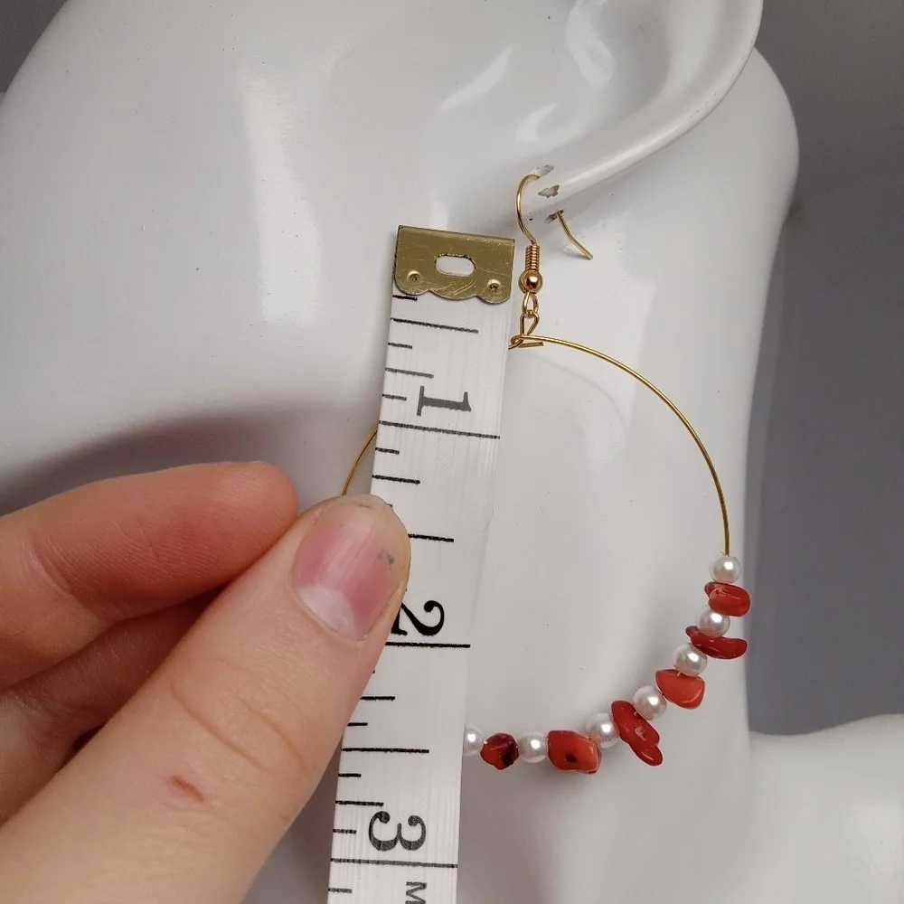 Vibrant Red Coral and Faux Pearl Beaded Hoop Earrings
